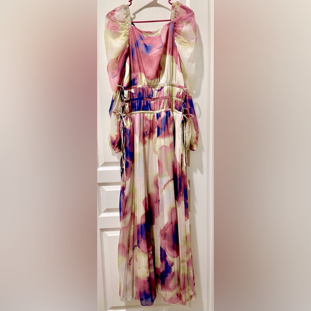 ASOS DESIGN Long Sleeve Pleated Drawstring Bodice Maxi Dress Watercolor Chiffon - Picture 2 of 10